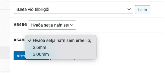 Bæta við tilbrigðinu stærð