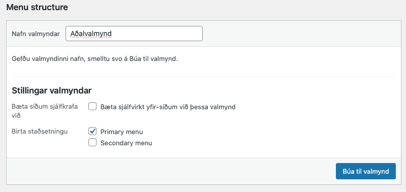Gefa aðalvalmynd nafn