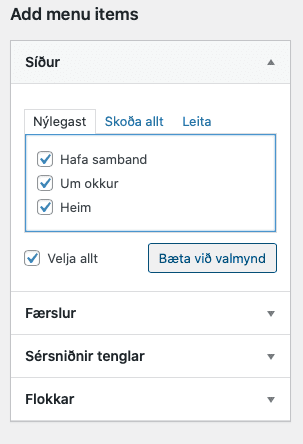 Bæta við síðum í valmynd | WordPress vefsíðugerð